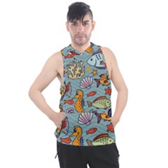 Cartoon Underwater Seamless Pattern With Crab Fish Seahorse Coral Marine Elements Men s Sleeveless Hoodie by uniart180623