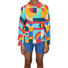 Geometric Shape Colorful Abstract Wave Kids  Long Sleeve Swimwear by Cowasu