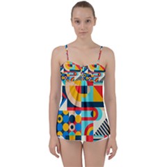 Geometric Shape Colorful Abstract Wave Babydoll Tankini Top by Cowasu