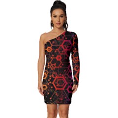 Abstract Red Geometric Long Sleeve One Shoulder Mini Dress by Cowasu