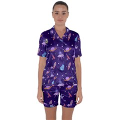 Space Seamless Pattern Satin Short Sleeve Pajamas Set by pakminggu