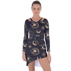 Asian Seamless Pattern With Clouds Moon Sun Stars Vector Collection Oriental Chinese Japanese Korean Asymmetric Cut-out Shift Dress by pakminggu