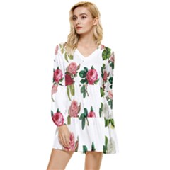 Roses-white Tiered Long Sleeve Mini Dress by nateshop