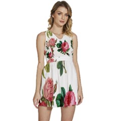 Roses-white Sleeveless High Waist Mini Dress by nateshop