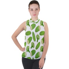 Vegetable Pattern With Composition Broccoli Mock Neck Chiffon Sleeveless Top by pakminggu