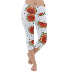 Seamless Background Pattern With Watermelon Slices Lightweight Velour Capri Yoga Leggings by pakminggu