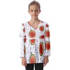 Seamless Background Pattern With Watermelon Slices Kids  V Neck Casual Top by pakminggu