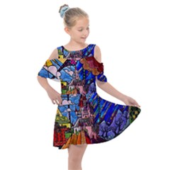 Beauty Stained Glass Castle Building Kids  Shoulder Cutout Chiffon Dress by Cowasu