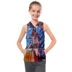 Beauty Stained Glass Castle Building Kids  Sleeveless Hoodie by Cowasu