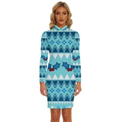 Blue Christmas Vintage Ethnic Seamless Pattern Long Sleeve Shirt Collar Bodycon Dress by Bedest