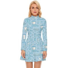 Dentist Blue Seamless Pattern Long Sleeve Velour Longline Dress by Bedest