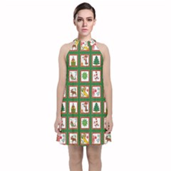 Christmas-paper-christmas-pattern Velvet Halter Neckline Dress  by Bedest