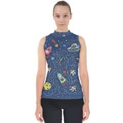 Cat-cosmos-cosmonaut-rocket Mock Neck Shell Top by pakminggu