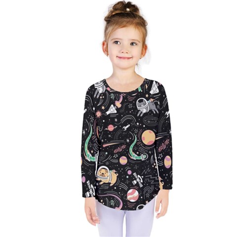 Cat And Dog Space Pattern Kids  Long Sleeve T-shirt by pakminggu