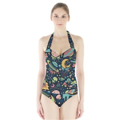 Alien Ocket Space Aesthetic Pattern Halter Swimsuit by pakminggu