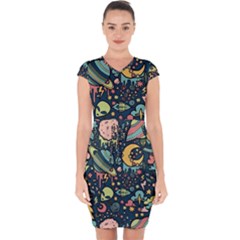 Alien Ocket Space Aesthetic Pattern Capsleeve Drawstring Dress  by pakminggu