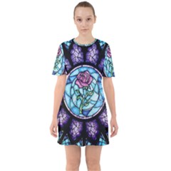 Cathedral Rosette Stained Glass Beauty And The Beast Sixties Short Sleeve Mini Dress by Cowasu