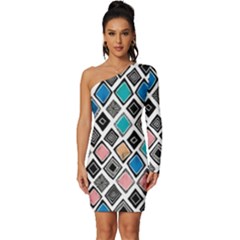 Diamond Shapes Pattern Long Sleeve One Shoulder Mini Dress by Cowasu