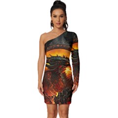 Dragon Fire Fantasy Art Long Sleeve One Shoulder Mini Dress by Cowasu