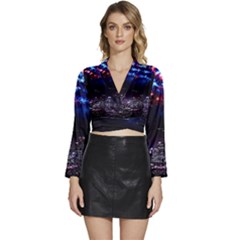 Science-fiction-sci-fi-forward Long Sleeve Tie Back Satin Wrap Top by Cowasu