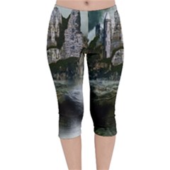 Sea-island-castle-landscape Velvet Capri Leggings  by Cowasu