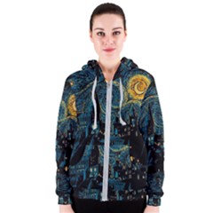 Castle Starry Night Van Gogh Parody Women s Zipper Hoodie by Sarkoni