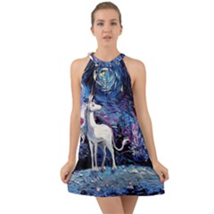 Unicorn Starry Night Print Van Gogh Halter Tie Back Chiffon Dress by Sarkoni