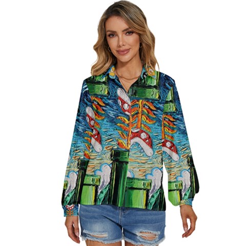 Game Starry Night Doctor Who Van Gogh Parody Women s Long Sleeve Button Up Shirt by Sarkoni