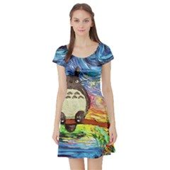 Cartoon Starry Night Art Van Gogh Parody Short Sleeve Skater Dress by Sarkoni