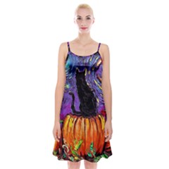 Halloween Art Starry Night Hallows Eve Black Cat Pumpkin Spaghetti Strap Velvet Dress by Sarkoni