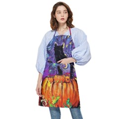 Halloween Art Starry Night Hallows Eve Black Cat Pumpkin Pocket Apron by Sarkoni