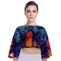 Lion Art Starry Night Van Gogh Tie Back Butterfly Sleeve Chiffon Top by Sarkoni