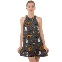 Halloween Pattern Bat Halter Tie Back Chiffon Dress by Bangk1t