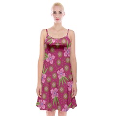 Flower Background Pattern Pink Spaghetti Strap Velvet Dress by Ravend