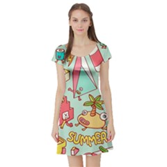 Summer Up Cute Doodle Short Sleeve Skater Dress by Bedest