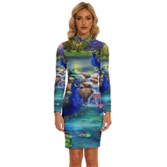 Peacocks  Fantasy Garden Long Sleeve Shirt Collar Bodycon Dress by Bedest