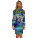 Peacocks  Fantasy Garden Long Sleeve Shirt Collar Bodycon Dress View1