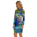 Peacocks  Fantasy Garden Long Sleeve Shirt Collar Bodycon Dress View2