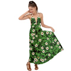 Daisies Clovers Lawn Digital Drawing Background Backless Maxi Beach Dress by Ravend