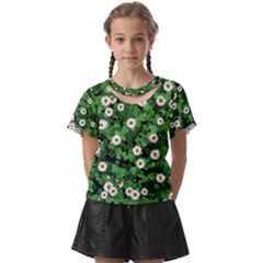 Daisies Clovers Lawn Digital Drawing Background Kids  Front Cut T-shirt by Ravend