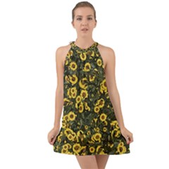 Sunflowers Yellow Flowers Flowers Digital Drawing Halter Tie Back Chiffon Dress by Ravend