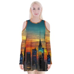 New York City Skyline Usa Velvet Long Sleeve Shoulder Cutout Dress by Ndabl3x