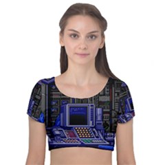 Blue Computer Monitor With Chair Game Digital Art Velvet Short Sleeve Crop Top  by Bedest