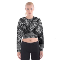 Black And Gray Circuit Board Computer Microchip Digital Art Cropped Sweatshirt by Bedest