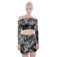 Black And Gray Circuit Board Computer Microchip Digital Art Off Shoulder Top With Mini Skirt Set by Bedest