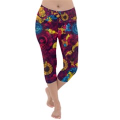 Psychedelic Digital Art Colorful Flower Abstract Multi Colored Lightweight Velour Capri Yoga Leggings by Bedest