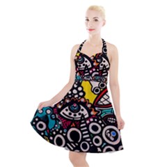 Multicolored Abstract Painting Colorful Halter Party Swing Dress  by Grandong