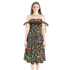 Multicolored Doodle Abstract Colorful Multi Colored Shoulder Tie Bardot Midi Dress by Grandong