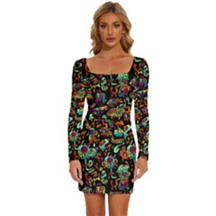 Multicolored Doodle Abstract Colorful Multi Colored Long Sleeve Square Neck Bodycon Velvet Dress by Grandong