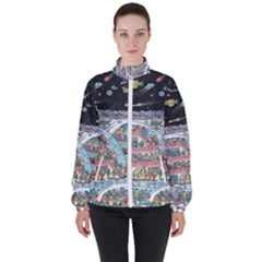 Abstract Painting Space Cartoon Women s High Neck Windbreaker by Grandong